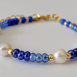 Freshwater Pearl and Blue Luster Seed Bead with Gold Beaded Bracelet, Bracelets